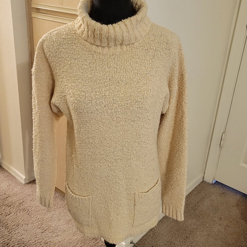 A | M Sport Women's Turtleneck Sweater with Pockets, Cream, Size L